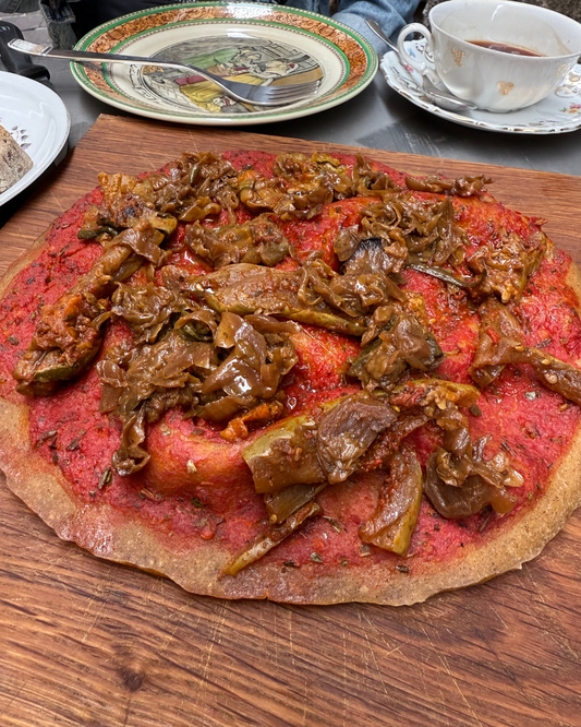 Vegan pizza made from red grain